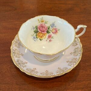 Paragon vintage bone china teacup & saucer, white, gold, pink yellow roses